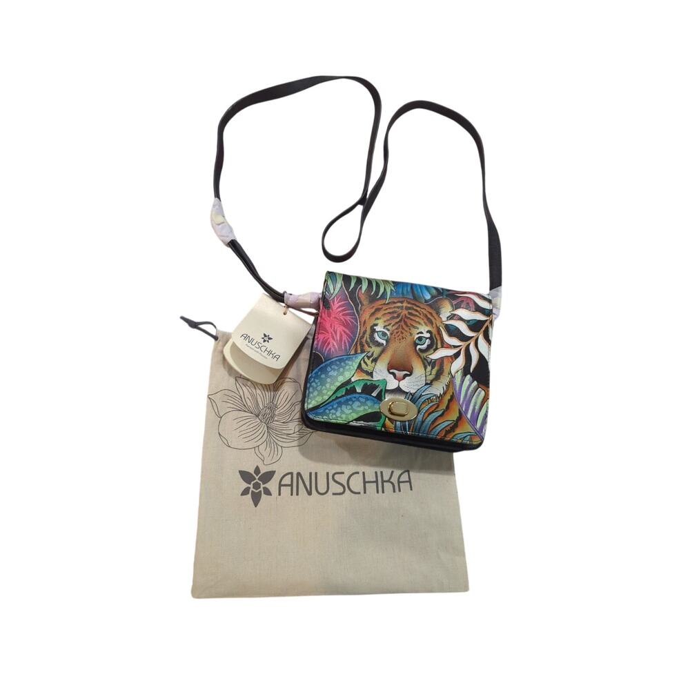 Anuschka Hand Painted Tiger Forest Flap Crossbody Bag NWT